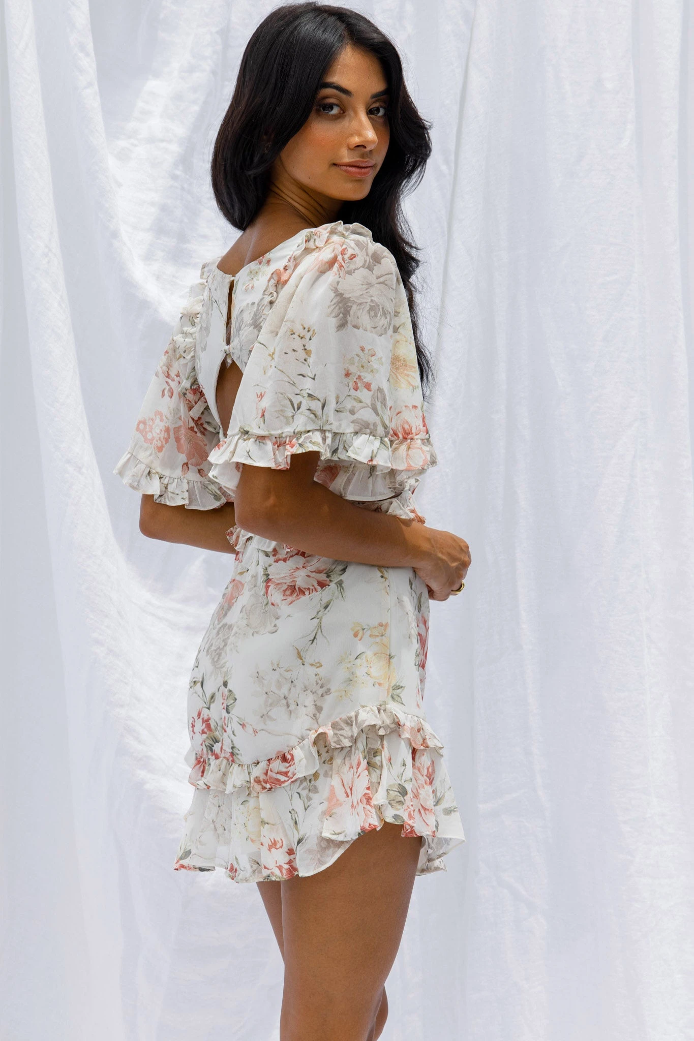 My Belle Cut-Out Detail Frill Accent Dress Vintage Floral Print White 4 My Belle Cut-Out Detail Frill Accent Dress Vintage Floral Print White - Image 2