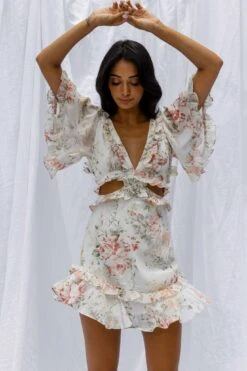 My Belle Cut-Out Detail Frill Accent Dress Vintage Floral Print White 14 My Belle Cut-Out Detail Frill Accent Dress Vintage Floral Print White -Selfie Leslie Shop CM0667B07 20WHITE 5