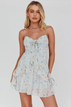 Flower Child Bust Tie Ruffle Trim Dress Rose Print Blue -Selfie Leslie Shop CM0777B06 20BLUE 5