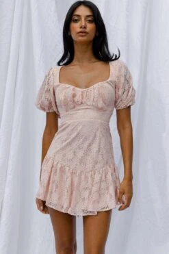 Petite Cherie Puff Sleeve Lace-Up Back Dress Lace Blush -Selfie Leslie Shop CM0812D01 20BLUSH 4