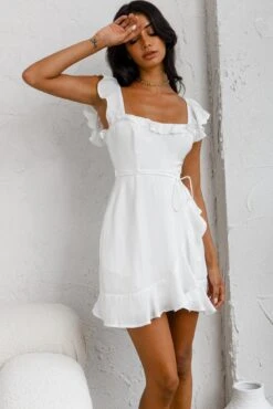Thinkin' Bout You Ruffle Trim Waist-Tie Dress White -Selfie Leslie Shop CM0894DS04WHITE 4