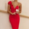 Iris Twist Bust Ruffle Shoulder Knee Length Dress Red 2 Iris Twist Bust Ruffle Shoulder Knee Length Dress Red -Selfie Leslie Shop CM1064DRED 1