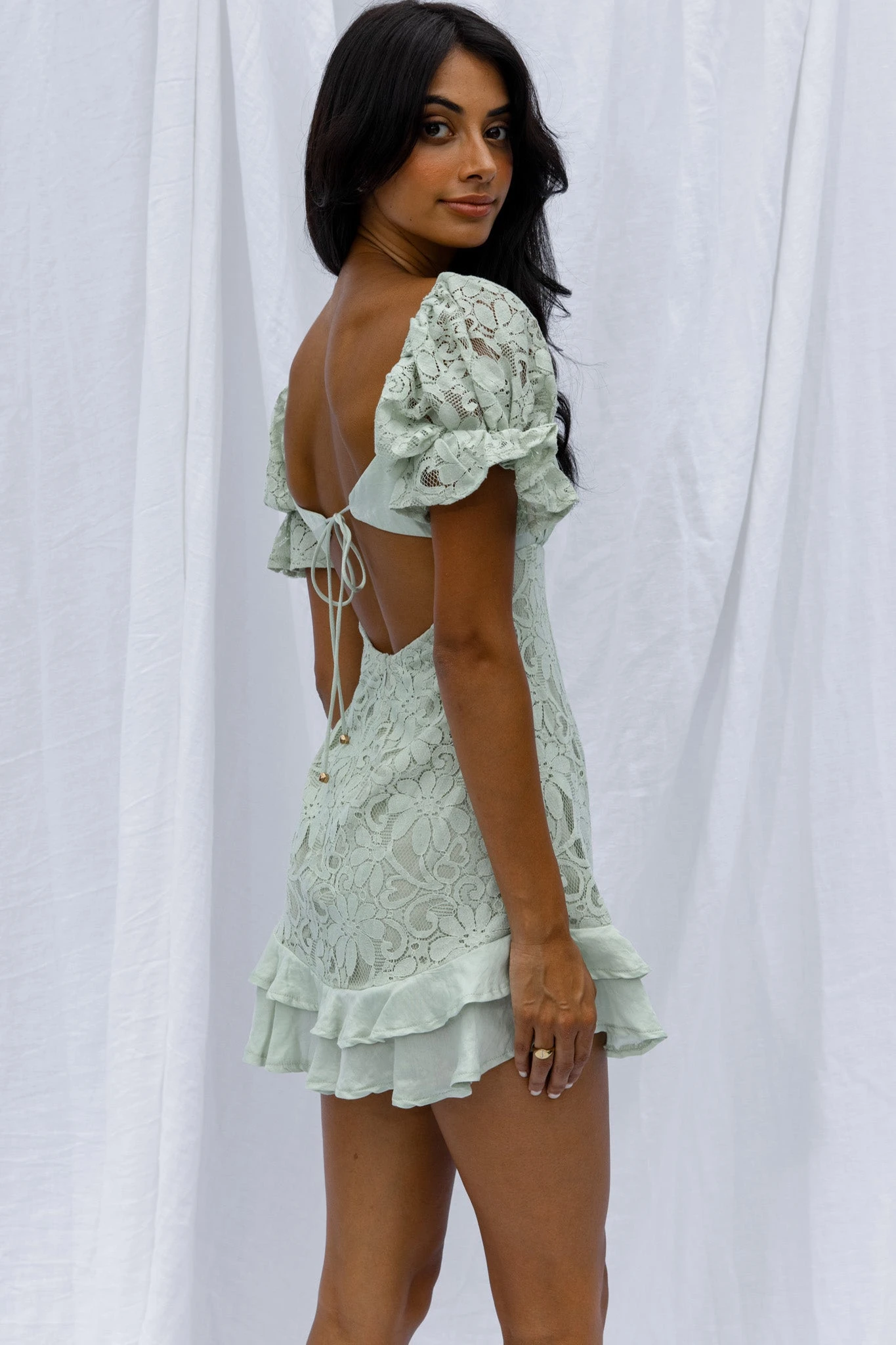 Georgia Peach Puff Sleeve Double Frill Hem Lace Dress Mint 4 Georgia Peach Puff Sleeve Double Frill Hem Lace Dress Mint - Image 2