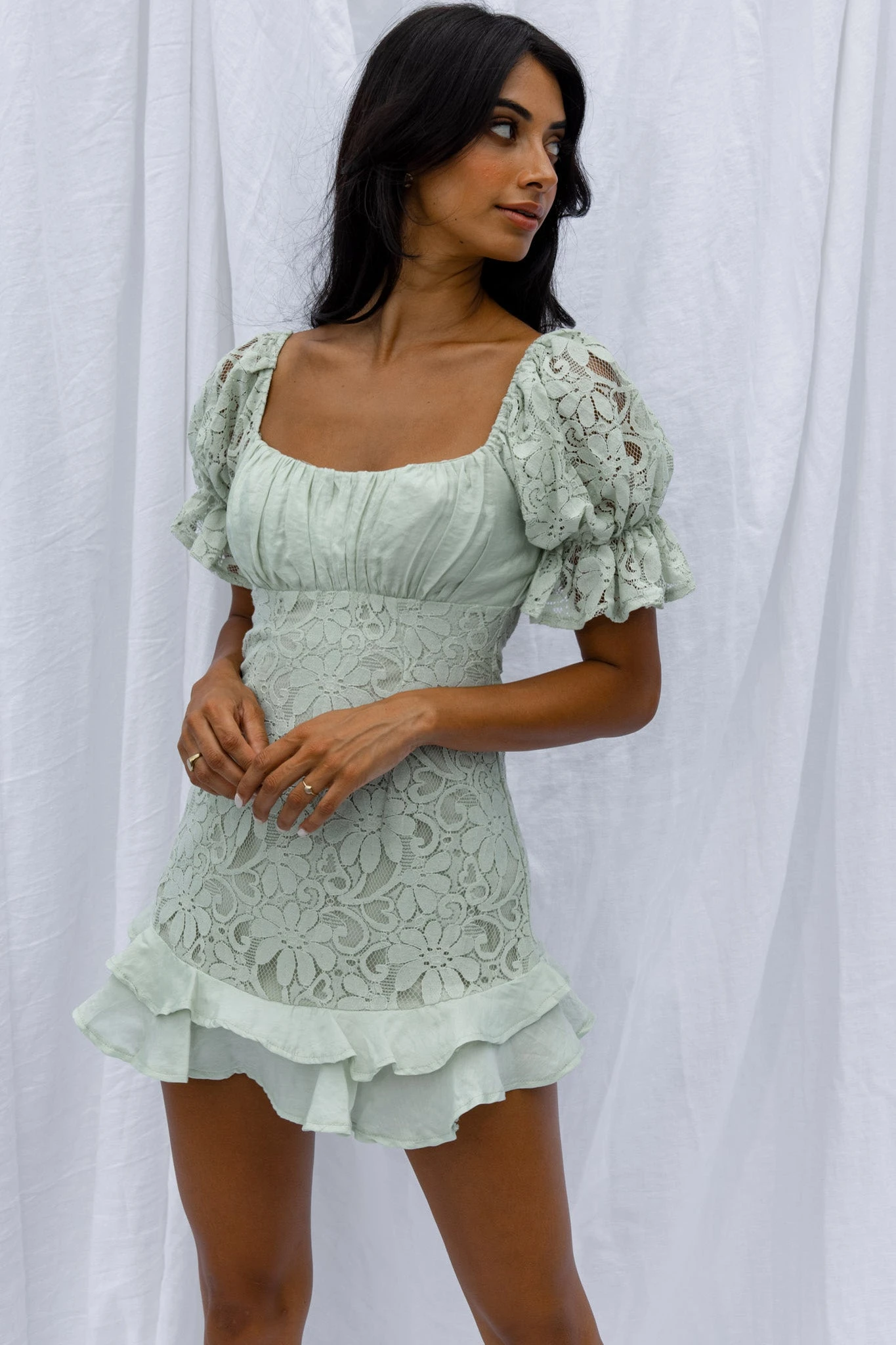 Georgia Peach Puff Sleeve Double Frill Hem Lace Dress Mint 7 Georgia Peach Puff Sleeve Double Frill Hem Lace Dress Mint - Image 5