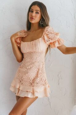 Georgia Peach Puff Sleeve Double Frill Hem Lace Dress Peach 13 Georgia Peach Puff Sleeve Double Frill Hem Lace Dress Peach -Selfie Leslie Shop CM1132B 20PEACH 4