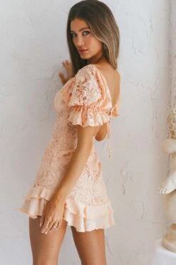 Georgia Peach Puff Sleeve Double Frill Hem Lace Dress Peach 17 Georgia Peach Puff Sleeve Double Frill Hem Lace Dress Peach -Selfie Leslie Shop CM1132B 20PEACH 8