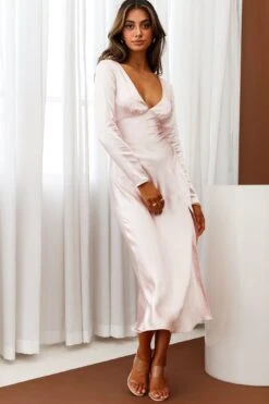 Anjela Long Sleeve Thigh Split Midi Dress Baby Pink -Selfie Leslie Shop CM1159D BABY PINK 2