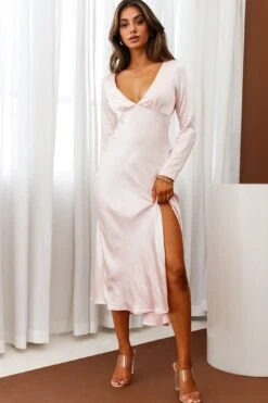 Anjela Long Sleeve Thigh Split Midi Dress Baby Pink -Selfie Leslie Shop CM1159D BABY PINK 5