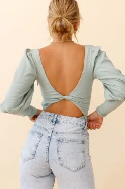 Moneymaker Lantern Sleeve Open Back Bodysuit Sage -Selfie Leslie Shop CM1181B01 SAGE 6