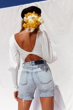 Moneymaker Lantern Sleeve Open Back Bodysuit White -Selfie Leslie Shop CM1181B01 WHITE 8