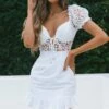 Field Dreams Puff Sleeve Tie-Up Bodice Floral Embroidery Mini Dress White