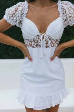 Field Dreams Puff Sleeve Tie-Up Bodice Floral Embroidery Mini Dress White -Selfie Leslie Shop CM1206DS01 20WHITE 4