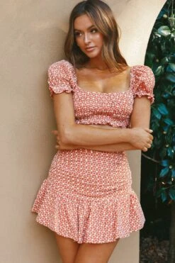 Paradis Ruched Eyelet Embroidery Mini Skirt Terracotta -Selfie Leslie Shop CM1269B S TERRACOTTA 7