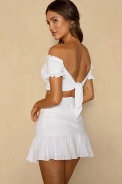 Rise And Shine Shirred Bodice Tied Back Crop Top White -Selfie Leslie Shop CM1288B TWHITE 8