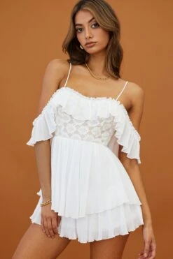 Darcy Ruffle Neckline Lace Bodice Romper White