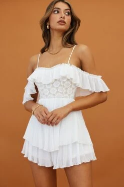 Darcy Ruffle Neckline Lace Bodice Romper White 10 Darcy Ruffle Neckline Lace Bodice Romper White -Selfie Leslie Shop CM1310D WHITE 2