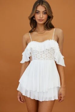 Darcy Ruffle Neckline Lace Bodice Romper White 11 Darcy Ruffle Neckline Lace Bodice Romper White -Selfie Leslie Shop CM1310D WHITE 4