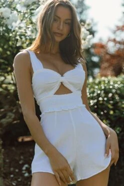 Break Of Dawn Bow Shoulder Shirred Waist Romper White -Selfie Leslie Shop CM1326D WHITE 8