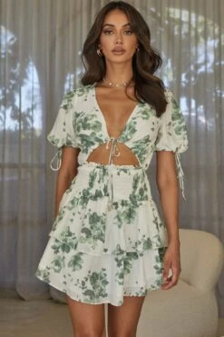 Sylvie Shirred Layered Hem Dress Floral White/Olive -Selfie Leslie Shop CM1344J03 20WHITE OLIVE 4