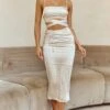 Desert Skies Ruched Drawstring Satin Midi Skirt Champagne -Selfie Leslie Shop CM1351J S 20CHAMPAGNE 1