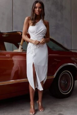 Casa Del Mar One-Shoulder Ruched Midi Dress White -Selfie Leslie Shop CM1510J01 WHITE 4