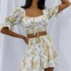 Lilibet Puff Sleeve Drawstring Crop Top Floral White 1 Lilibet Puff Sleeve Drawstring Crop Top Floral White -Selfie Leslie Shop CM1531B T 20WHITE 1
