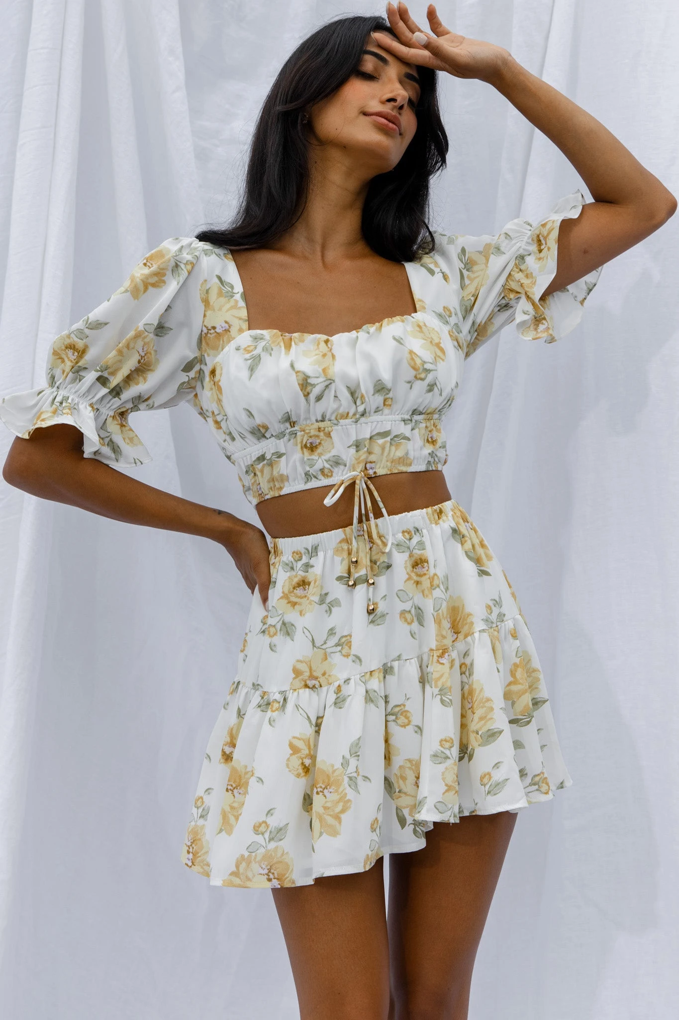 Lilibet Puff Sleeve Drawstring Crop Top Floral White 3 Lilibet Puff Sleeve Drawstring Crop Top Floral White