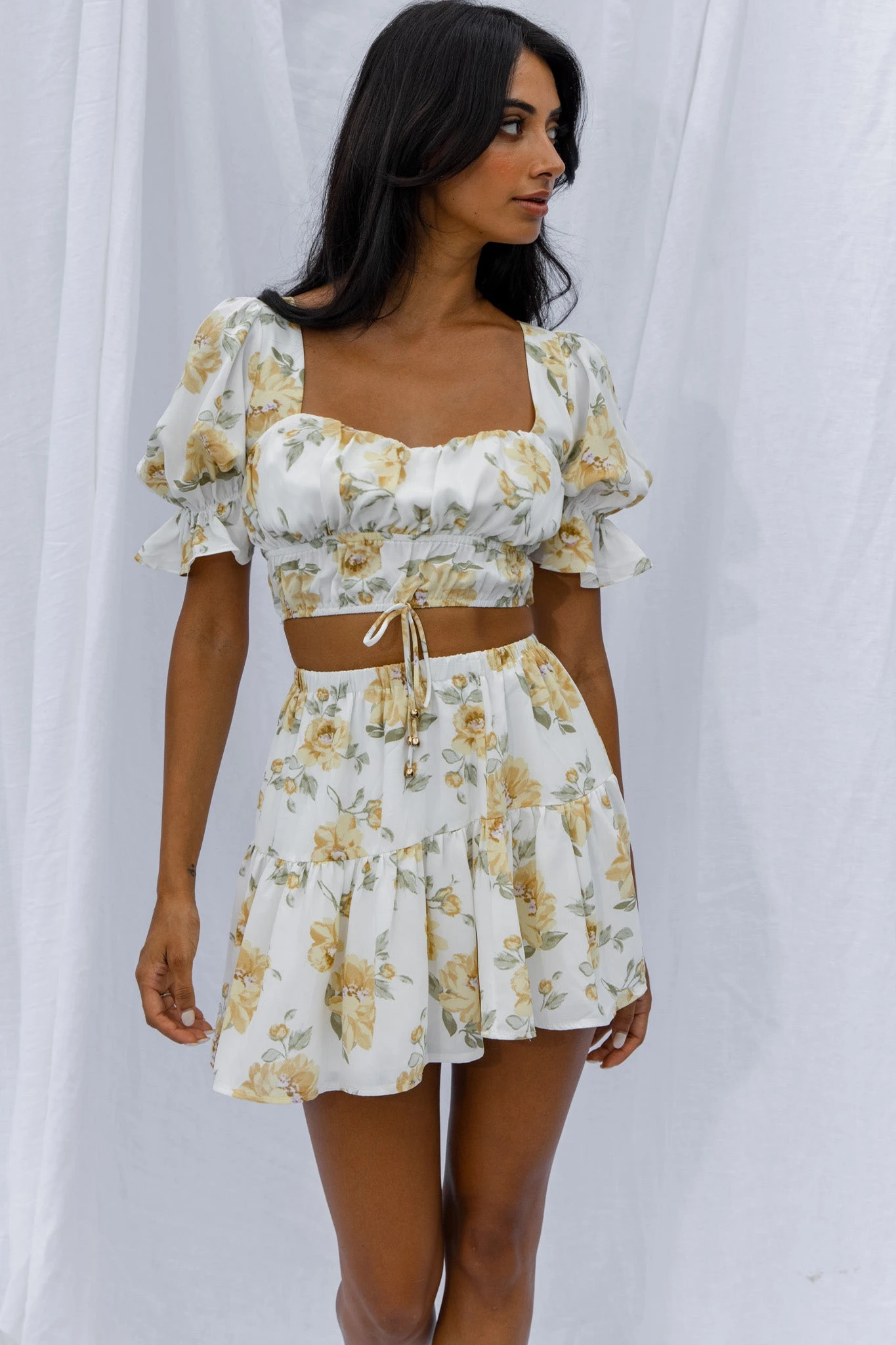 Lilibet Puff Sleeve Drawstring Crop Top Floral White 7 Lilibet Puff Sleeve Drawstring Crop Top Floral White - Image 5