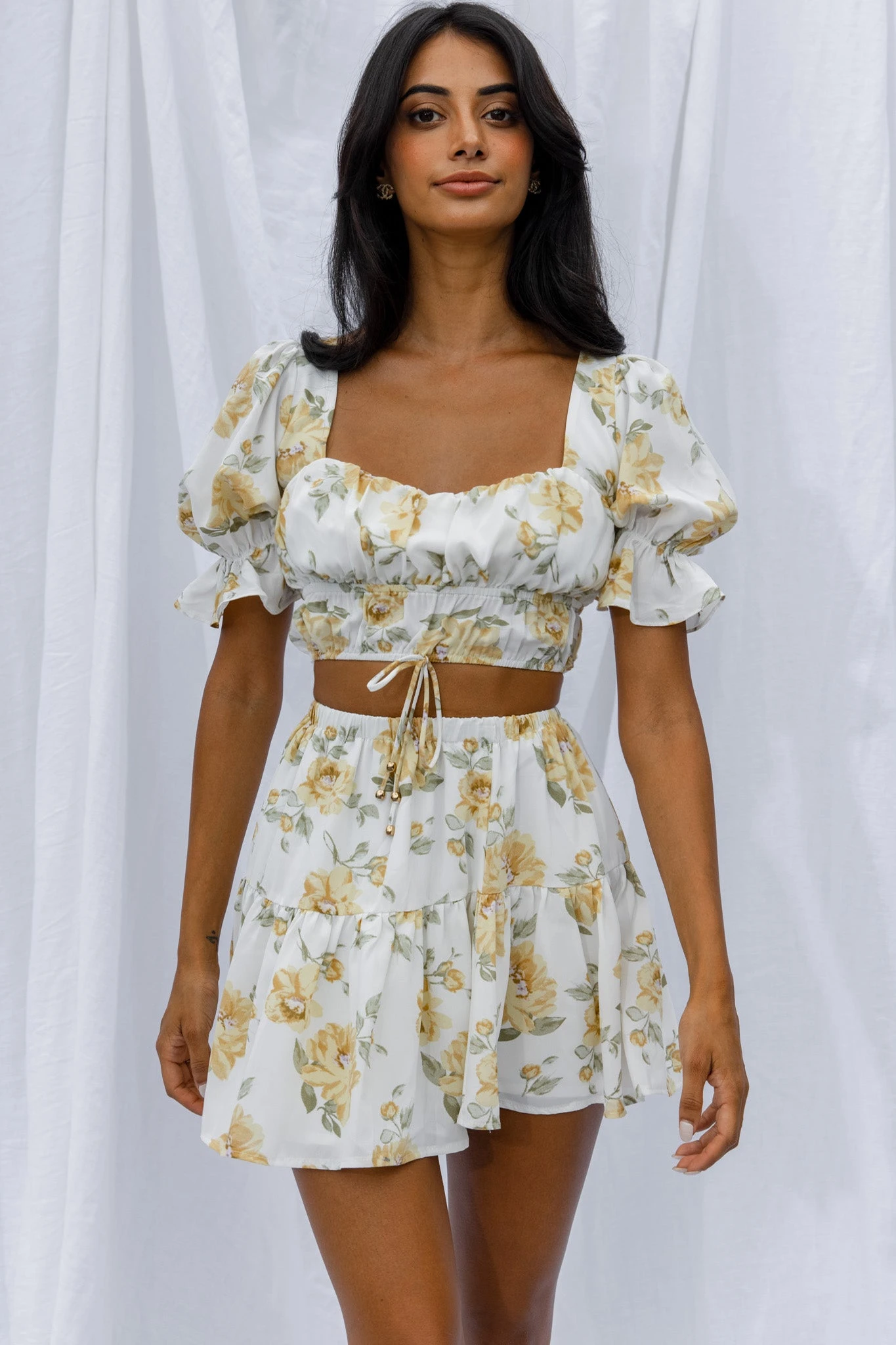 Lilibet Puff Sleeve Drawstring Crop Top Floral White 10 Lilibet Puff Sleeve Drawstring Crop Top Floral White - Image 8