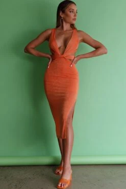 Moon River Plunging Neckline Midi Dress Sunset -Selfie Leslie Shop CM1561B 20SUNSET 2