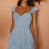 Theory Sweetheart Neckline Frill Strap Mini Dress Textured Blue
