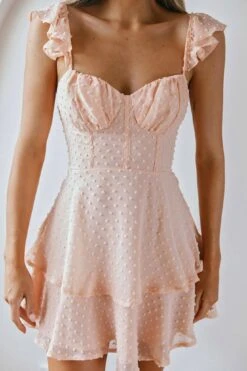 Theory Sweetheart Neckline Frill Strap Mini Dress Textured Peach -Selfie Leslie Shop CM1645J 20PEACH 4