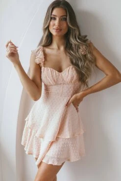 Theory Sweetheart Neckline Frill Strap Mini Dress Textured Peach -Selfie Leslie Shop CM1645J 20PEACH 7