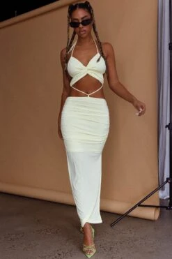 Sawyer Halterneck Strappy Back Ruched Midi Dress Lemon 12 Sawyer Halterneck Strappy Back Ruched Midi Dress Lemon -Selfie Leslie Shop CM1682J 20LEMON 2