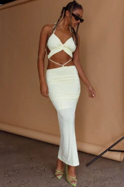 Sawyer Halterneck Strappy Back Ruched Midi Dress Lemon 17 Sawyer Halterneck Strappy Back Ruched Midi Dress Lemon -Selfie Leslie Shop CM1682J 20LEMON 8