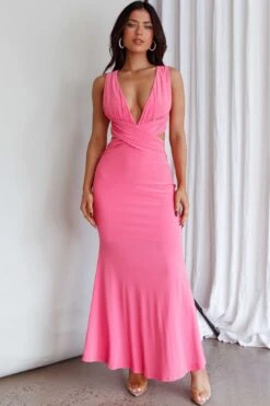 High Life Plunging Neckline Maxi Dress Hot Pink -Selfie Leslie Shop CM4058H 20HOT 20PINK 1