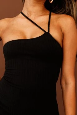 Cleopatra Asymmetrical Neckline Front Split Ribbed Dress Black -Selfie Leslie Shop EH0006D BLACK 7
