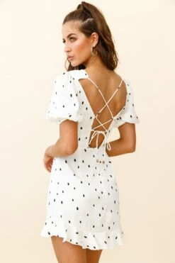 Indiana Puff Sleeve Lace-Up Back Dress Spot Print White 12 Indiana Puff Sleeve Lace-Up Back Dress Spot Print White -Selfie Leslie Shop KJ0031D WHITE 3
