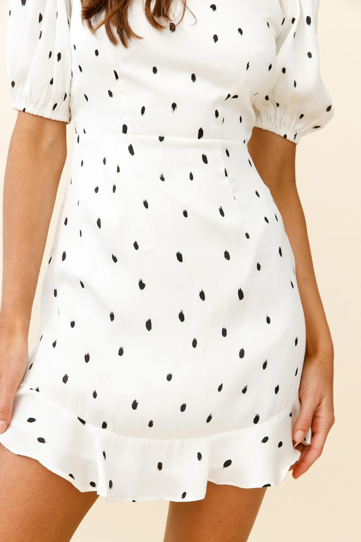 Indiana Puff Sleeve Lace-Up Back Dress Spot Print White 6 Indiana Puff Sleeve Lace-Up Back Dress Spot Print White - Image 4