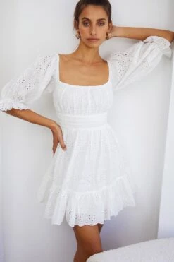 Abby Off-Shoulder Tie-Up Back Dress Eyelet Embroidery Dress White -Selfie Leslie Shop KJ0044DR15 20WHITE 4
