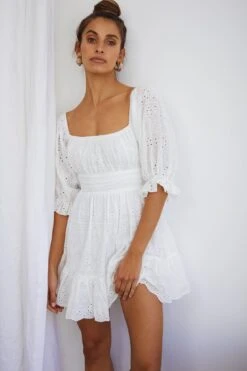 Abby Off-Shoulder Tie-Up Back Dress Eyelet Embroidery Dress White -Selfie Leslie Shop KJ0044DR15 20WHITE 7