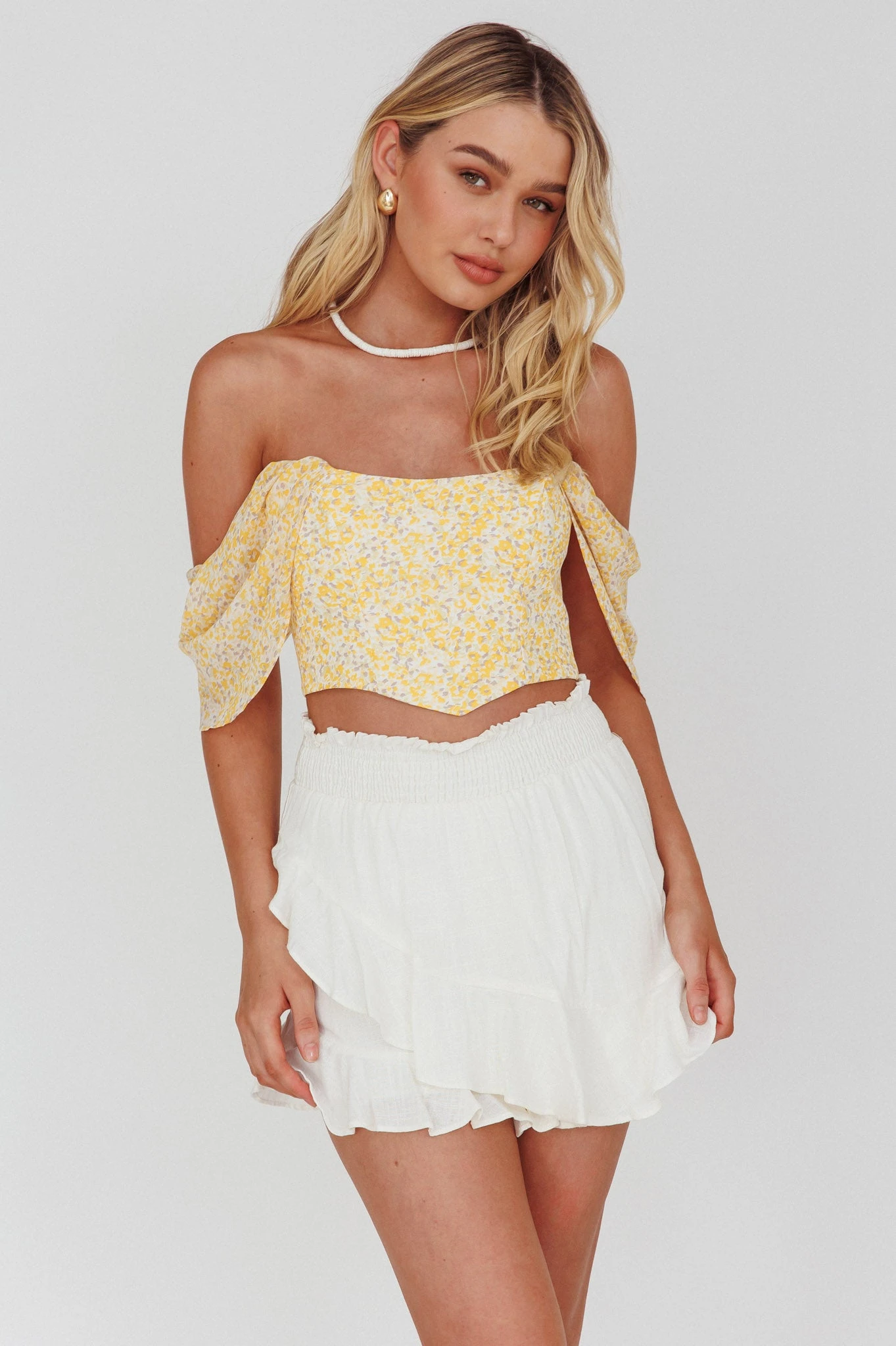 Brandy Off-Shoulder Pointed Hem Crop Top Mottled Print Yellow 2 Brandy Off-Shoulder Pointed Hem Crop Top Mottled Print Yellow