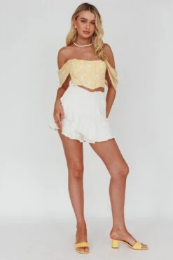 Brandy Off-Shoulder Pointed Hem Crop Top Mottled Print Yellow 8 Brandy Off-Shoulder Pointed Hem Crop Top Mottled Print Yellow -Selfie Leslie Shop KJ0162D T 20YELLOW 2