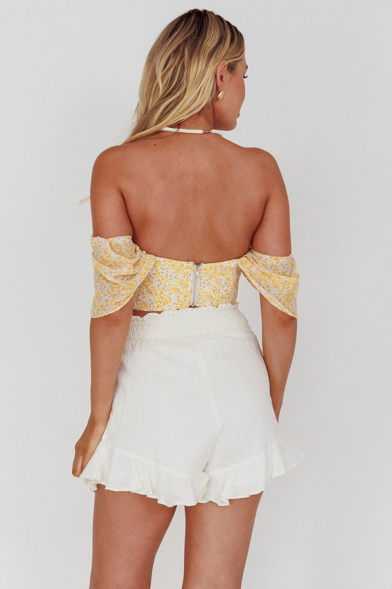 Brandy Off-Shoulder Pointed Hem Crop Top Mottled Print Yellow 3 Brandy Off-Shoulder Pointed Hem Crop Top Mottled Print Yellow - Image 2
