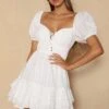 First Light Puff Sleeve Ruffle Dress White