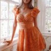 Lola Ruffle Shoulder Ruched Dress Textured Orange 2 Lola Ruffle Shoulder Ruched Dress Textured Orange -Selfie Leslie Shop KT0034DR09 20ORANGE 1