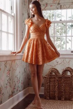 Lola Ruffle Shoulder Ruched Dress Textured Orange -Selfie Leslie Shop KT0034DR09 20ORANGE 2