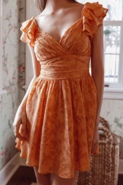 Lola Ruffle Shoulder Ruched Dress Textured Orange -Selfie Leslie Shop KT0034DR09 20ORANGE 4