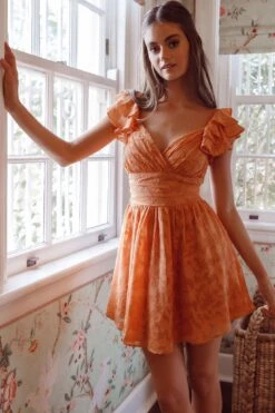 Lola Ruffle Shoulder Ruched Dress Textured Orange -Selfie Leslie Shop KT0034DR09 20ORANGE 5