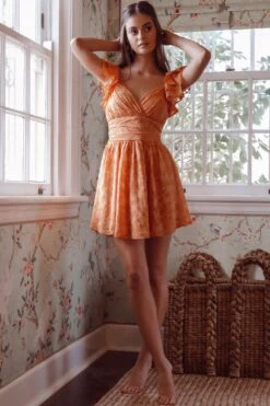 Lola Ruffle Shoulder Ruched Dress Textured Orange -Selfie Leslie Shop KT0034DR09 20ORANGE 6